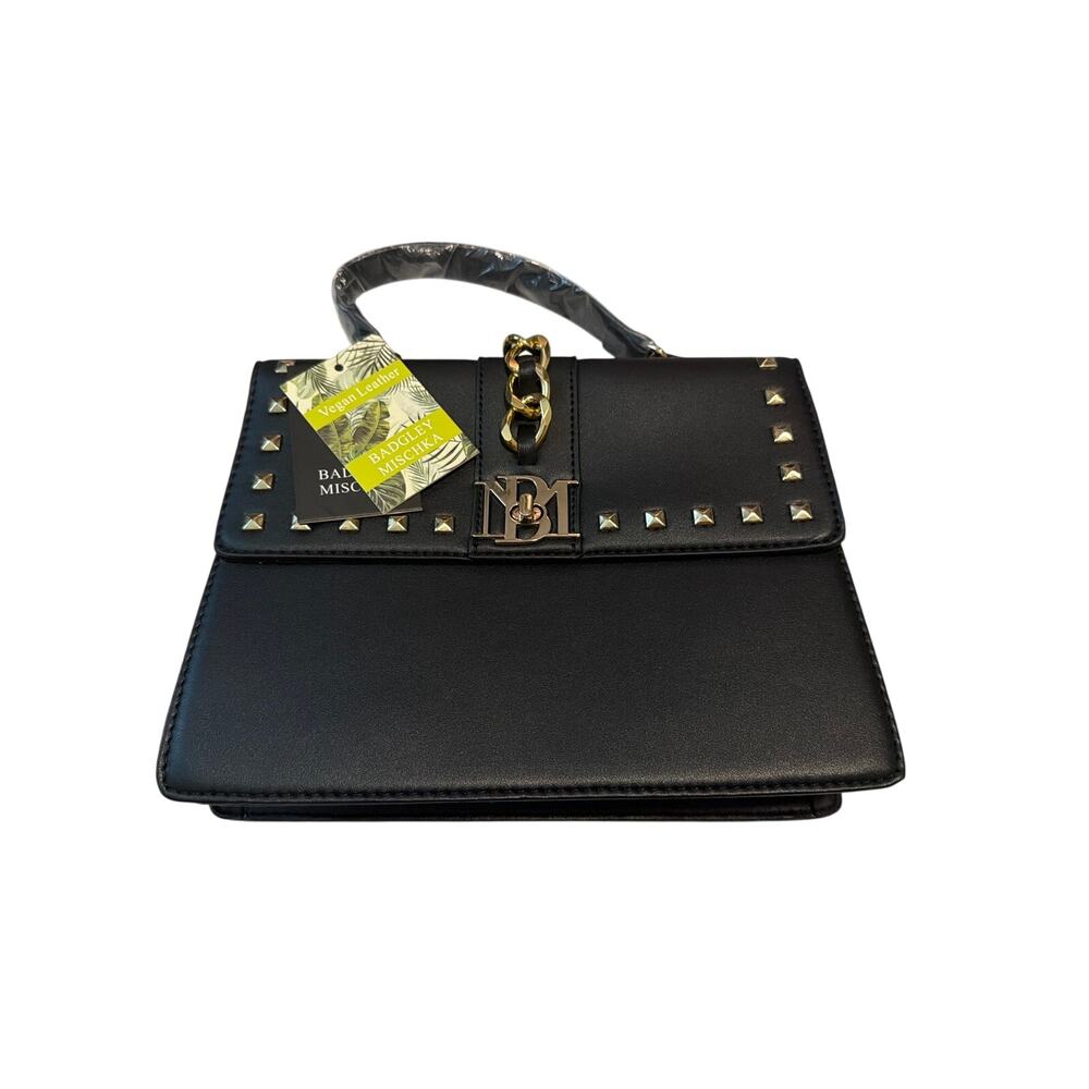 NWT Badgley Mischka Studded Top-Handle Crossbody Bag Black Faux Vegan Leather